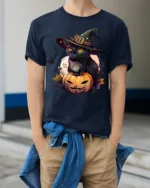 Black Cat Witch Pumpkin Halloween Graphic Tshirt - model wearing navy shirt, hands in pockets