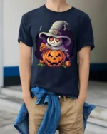 Smiling Pumpkin Skeleton Witch Halloween Graphic Tshirt - model wearing navy shirt, hands in pockets