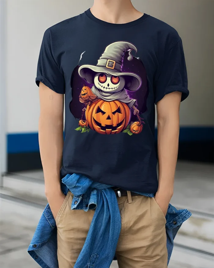 Smiling Pumpkin Skeleton Witch Halloween Graphic Tshirt - model wearing navy shirt, hands in pockets