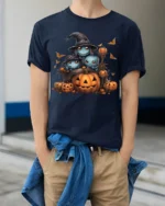 Cute Ghost Family Pumpkin Halloween Graphic Tshirt - model wearing navy shirt, hands in pockets