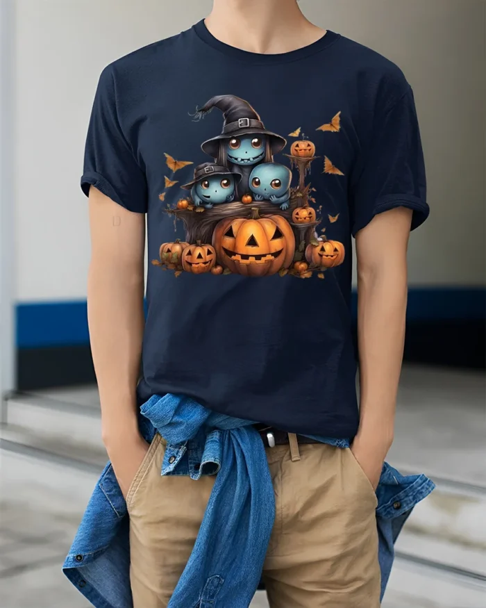 Cute Ghost Family Pumpkin Halloween Graphic Tshirt - model wearing navy shirt, hands in pockets