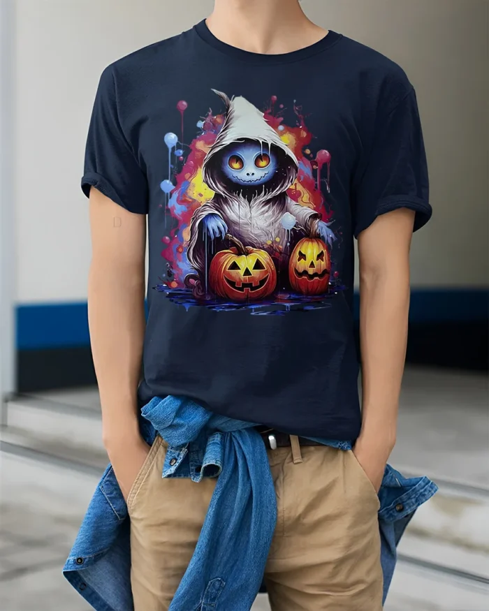 Hooded Ghost Pumpkin Glow Halloween Graphic Tshirt - model wearing navy shirt, hands in pockets