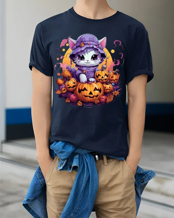 Adorable Kitten Pumpkin Pile Halloween Graphic Tshirt - model wearing navy shirt, hands in pockets