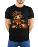 Colorful Patchwork Scarecrow Halloween Graphic Tshirt - model wearing black shirt, hands behind back