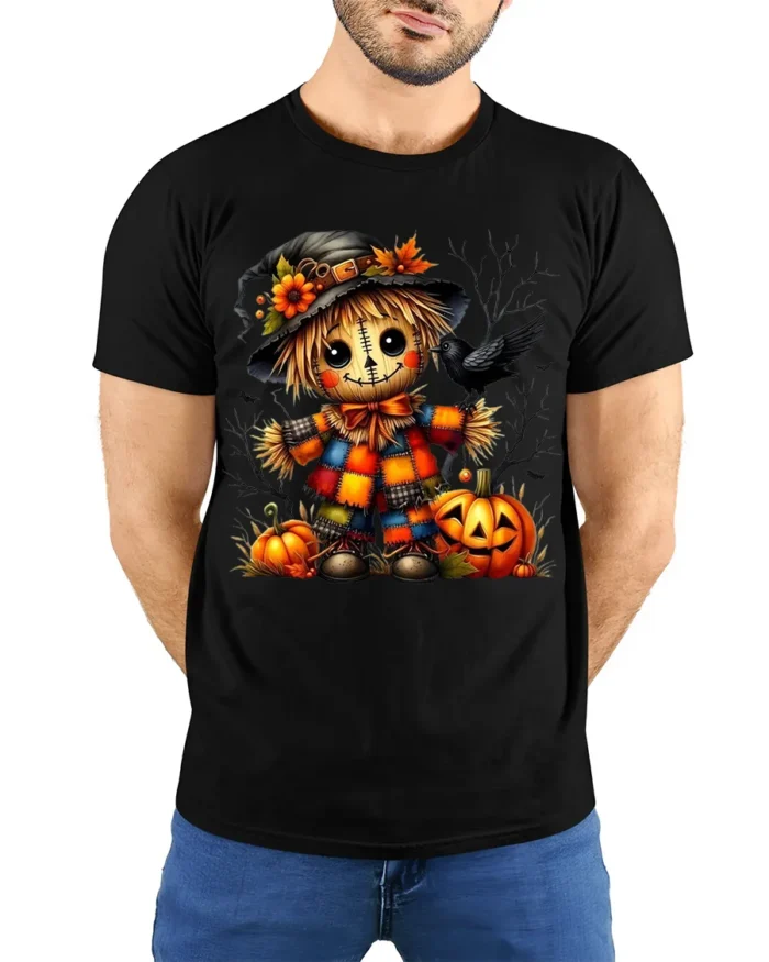 Colorful Patchwork Scarecrow Halloween Graphic Tshirt - model wearing black shirt, hands behind back