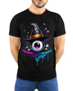 Witch Hat Eyeball Splash Creepy Halloween Graphic Tshirt - model wearing black shirt, hands behind back