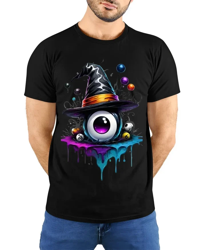 Witch Hat Eyeball Splash Creepy Halloween Graphic Tshirt - model wearing black shirt, hands behind back