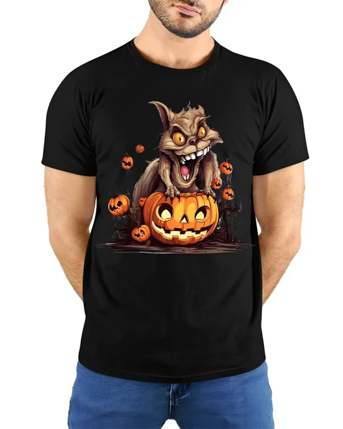 Crazy Squirrel Pumpkin Attack Halloween Graphic Tshirt - model wearing black shirt, hands behind back