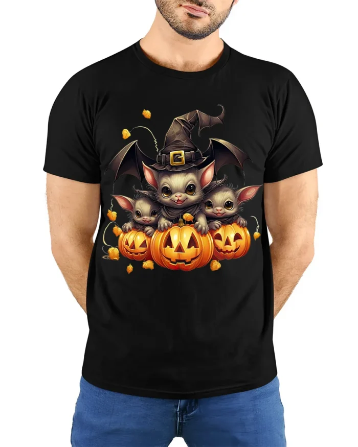 Cute Bat Family Pumpkin Witch Halloween Graphic Tshirt - model wearing black shirt, hands behind back