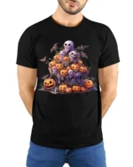Ghost Pumpkin Pile Haunted Night Halloween Graphic Tshirt - model wearing black shirt, hands behind back