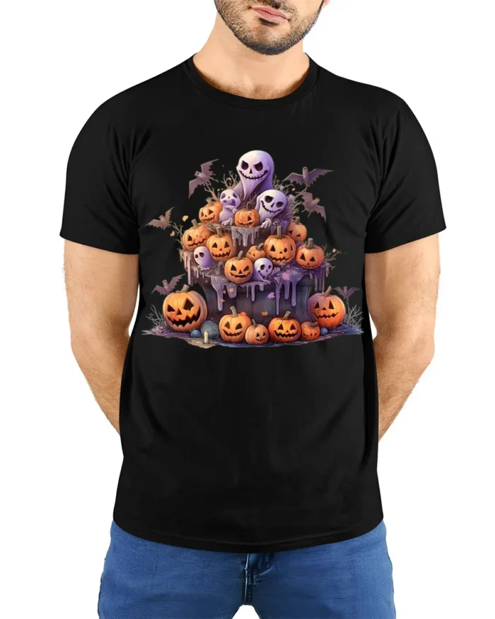 Ghost Pumpkin Pile Haunted Night Halloween Graphic Tshirt - model wearing black shirt, hands behind back