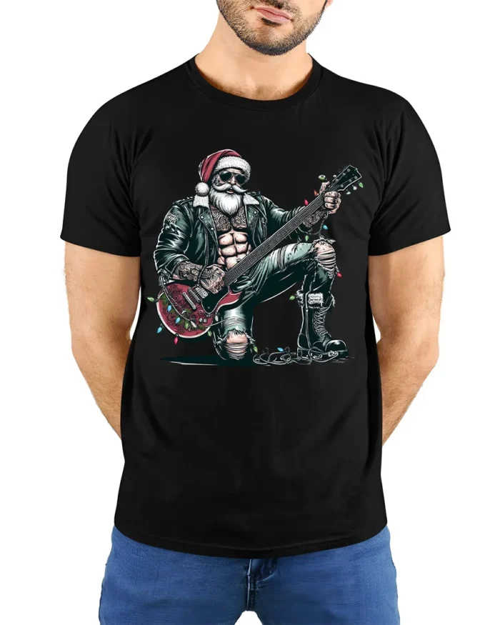 Rockstar Santa Guitar Christmas Holiday Graphic Tshirt - model wearing black shirt, hands behind back
