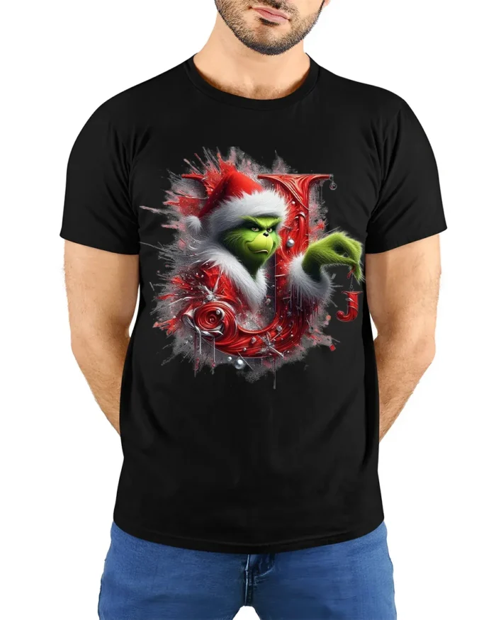 Green Santa Naughty Joy Christmas Funny Graphic Tshirt - model wearing black shirt, hands behind back