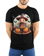 Cute Pumpkin Witch Scarecrow Halloween Graphic Tshirt - model wearing black shirt, hands behind back