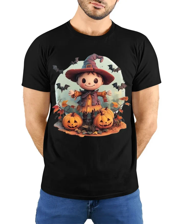 Cute Pumpkin Witch Scarecrow Halloween Graphic Tshirt - model wearing black shirt, hands behind back