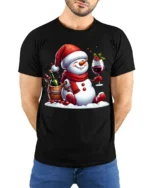 Festive Wine Snowman Christmas Holiday Graphic Tshirt - model wearing black shirt, hands behind back