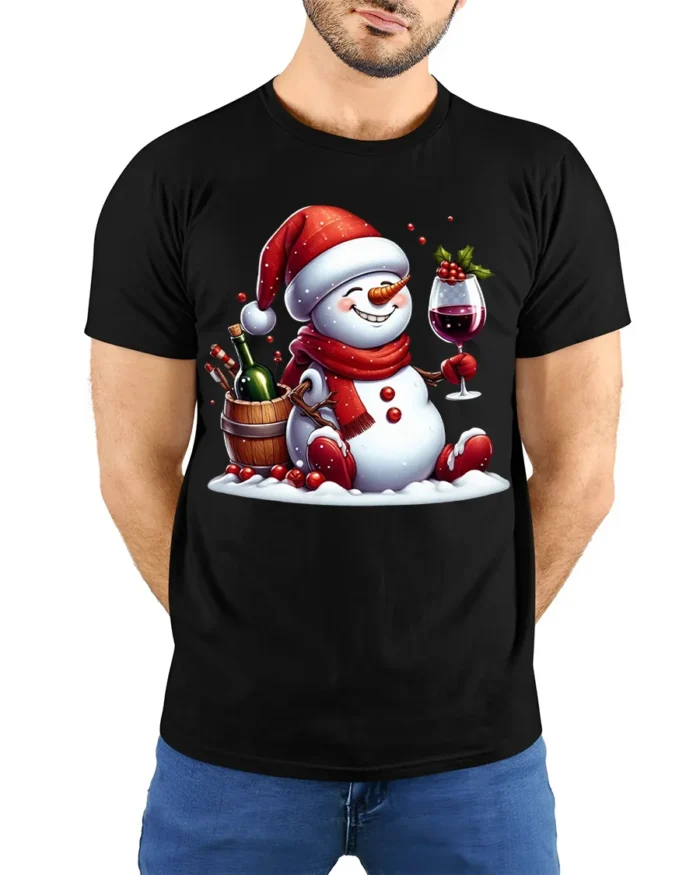 Festive Wine Snowman Christmas Holiday Graphic Tshirt - model wearing black shirt, hands behind back