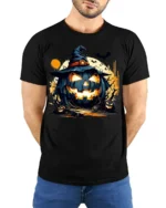 Wicked Pumpkin Witch Moonlight Halloween Graphic Tshirt - model wearing black shirt, hands behind back