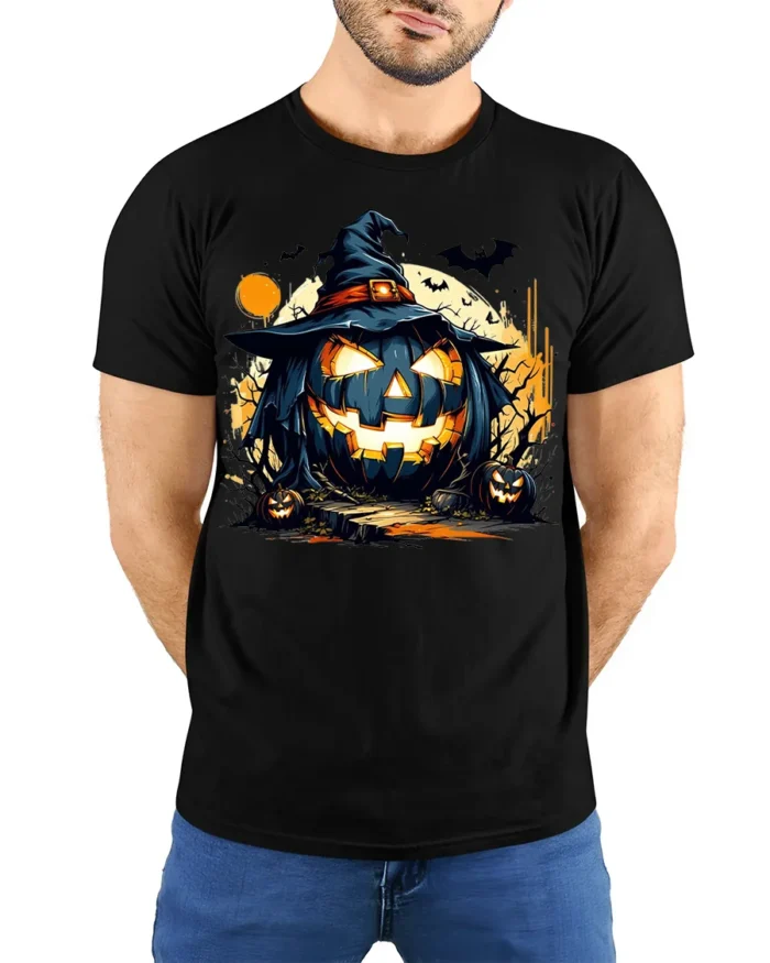 Wicked Pumpkin Witch Moonlight Halloween Graphic Tshirt - model wearing black shirt, hands behind back