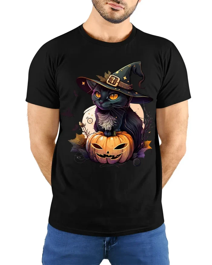 Black Cat Witch Pumpkin Halloween Graphic Tshirt - model wearing black shirt, hands behind back