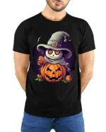 Smiling Pumpkin Skeleton Witch Halloween Graphic Tshirt - model wearing black shirt, hands behind back