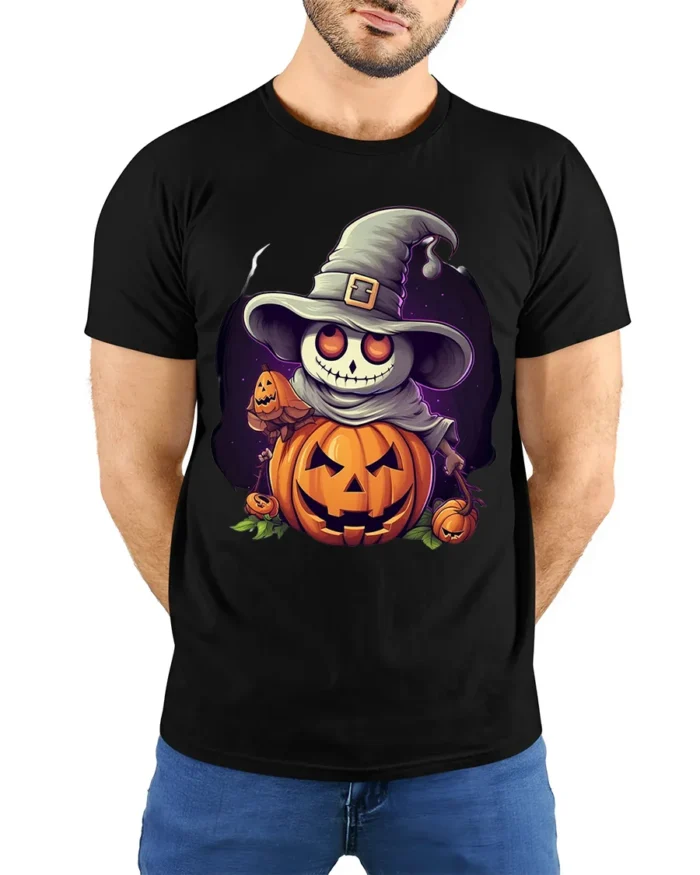 Smiling Pumpkin Skeleton Witch Halloween Graphic Tshirt - model wearing black shirt, hands behind back