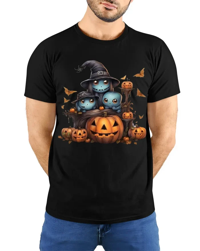 Cute Ghost Family Pumpkin Halloween Graphic Tshirt - model wearing black shirt, hands behind back