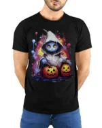 Hooded Ghost Pumpkin Glow Halloween Graphic Tshirt - model wearing black shirt, hands behind back