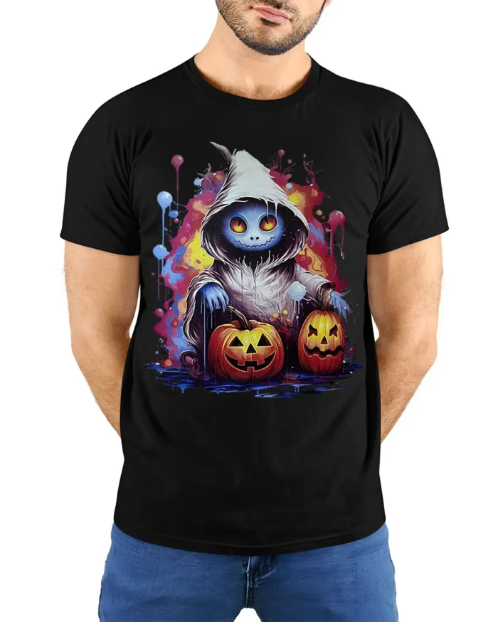 Hooded Ghost Pumpkin Glow Halloween Graphic Tshirt - model wearing black shirt, hands behind back