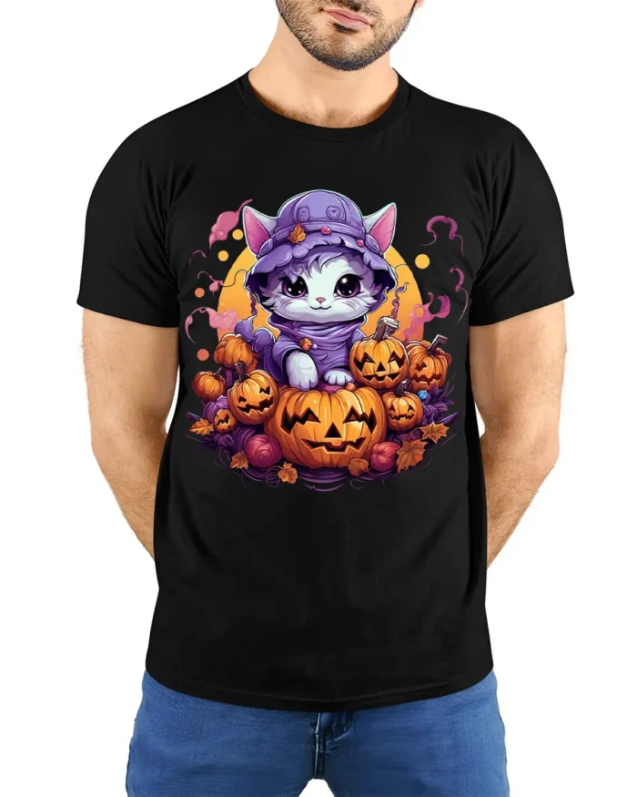 Adorable Kitten Pumpkin Pile Halloween Graphic Tshirt - model wearing black shirt, hands behind back