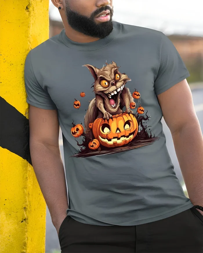 Crazy Squirrel Pumpkin Attack Halloween Graphic Tshirt - model in grey shirt leaning against column
