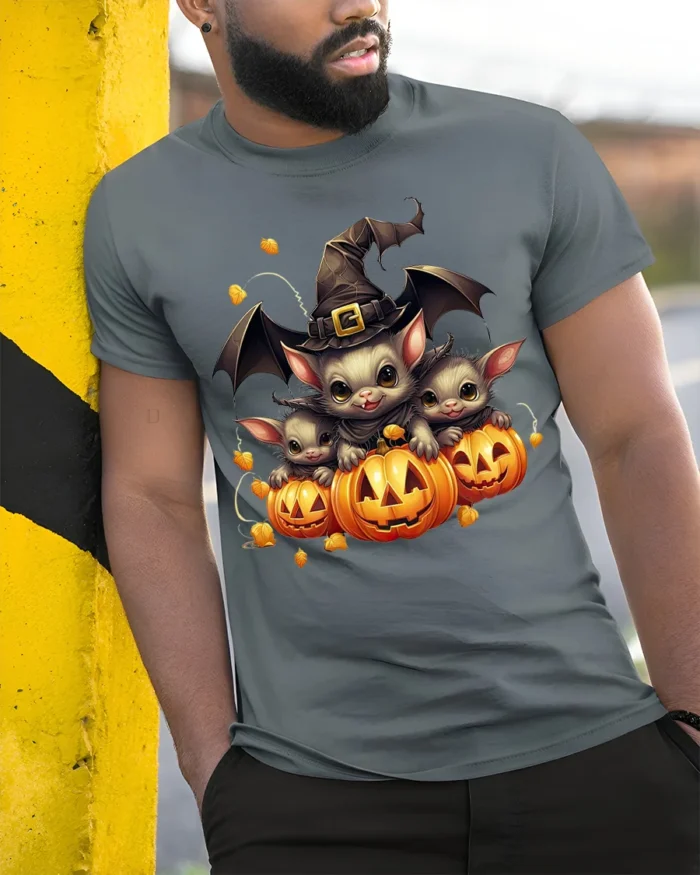 Cute Bat Family Pumpkin Witch Halloween Graphic Tshirt - model in grey shirt leaning against column