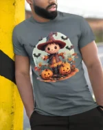 Cute Pumpkin Witch Scarecrow Halloween Graphic Tshirt - model in grey shirt leaning against column