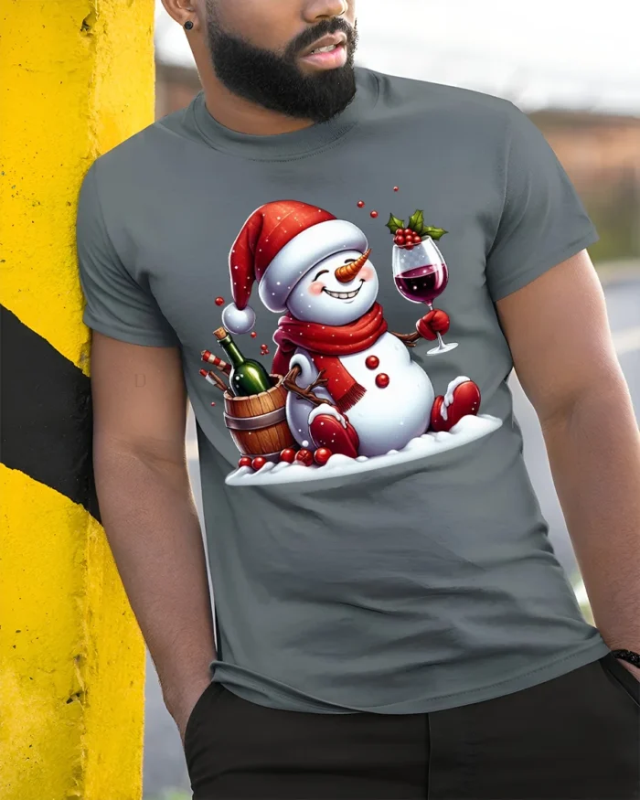 Festive Wine Snowman Christmas Holiday Graphic Tshirt - model in grey shirt leaning against column