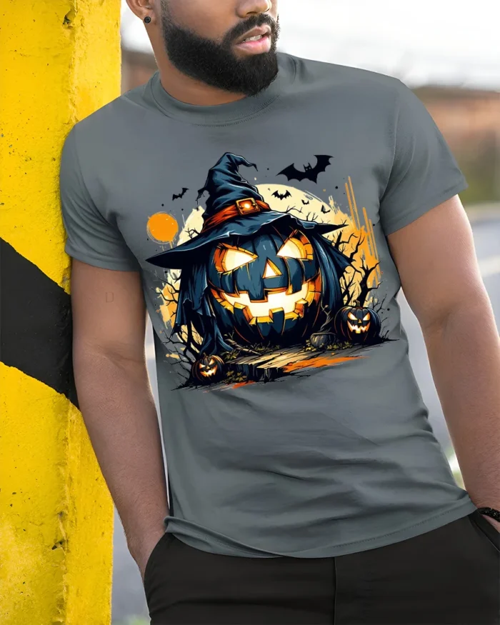 Wicked Pumpkin Witch Moonlight Halloween Graphic Tshirt - model in grey shirt leaning against column