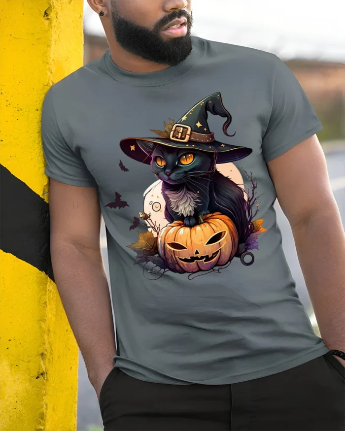 Black Cat Witch Pumpkin Halloween Graphic Tshirt - model in grey shirt leaning against column