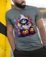 Hooded Ghost Pumpkin Glow Halloween Graphic Tshirt - model in grey shirt leaning against column