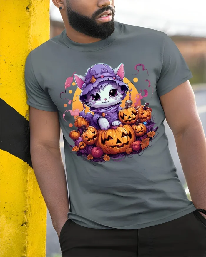 Adorable Kitten Pumpkin Pile Halloween Graphic Tshirt - model in grey shirt leaning against column