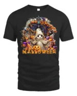 Cute Ghost Halloween T-Shirt with Pumpkin Print - black t-shirt on white background