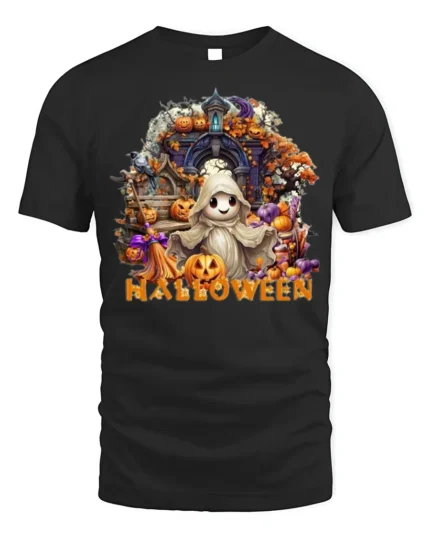 Cute Ghost Halloween T-Shirt with Pumpkin Print - black t-shirt on white background