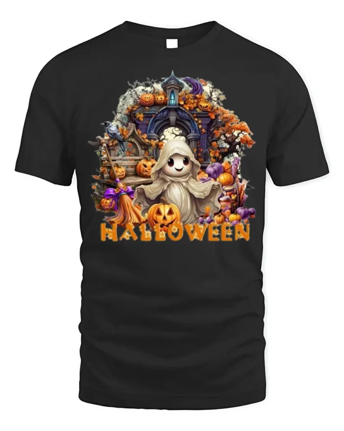 Cute Ghost Halloween T-Shirt with Pumpkin Print - black t-shirt on white background