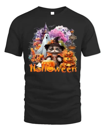 Halloween Cat Ghost Pumpkin Graphic T-Shirt - black t-shirt on white background