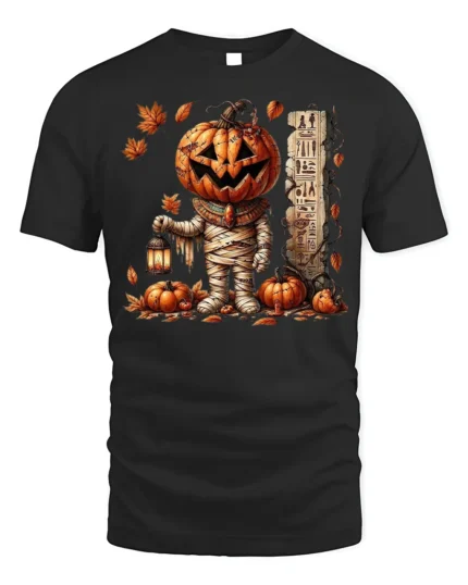 Pumpkin Mummy Halloween Lantern Graphic T-Shirt - black t-shirt on white background