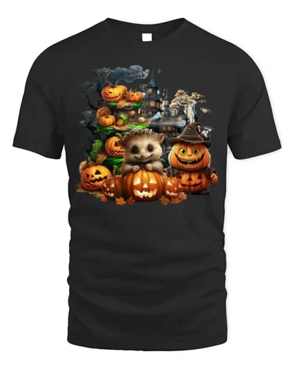 Hedgehog Pumpkin Halloween Haunted T-Shirt - black t-shirt on white background