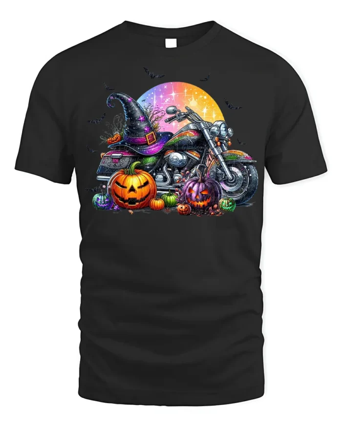 Halloween Motorcycle Pumpkin Rider T-Shirt - black t-shirt on white background