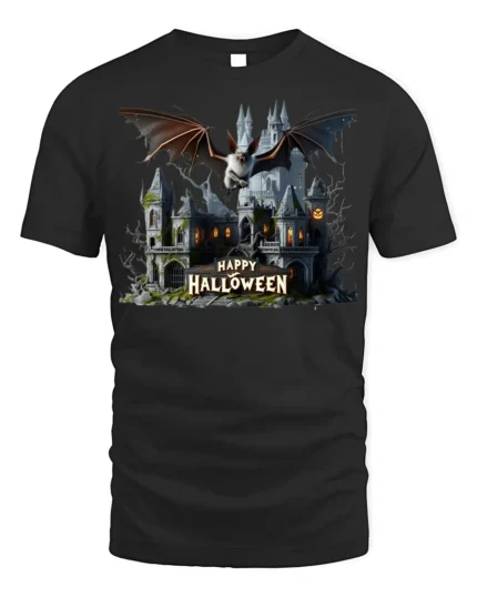 Haunted Castle Bat Happy Halloween T-Shirt - black t-shirt on white background