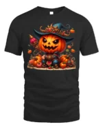 Pumpkin Warrior Halloween Witch Hat T-Shirt - black t-shirt on white background