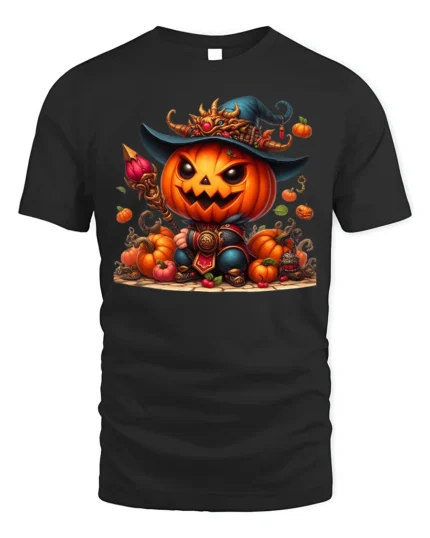 Pumpkin Warrior Halloween Witch Hat T-Shirt - black t-shirt on white background