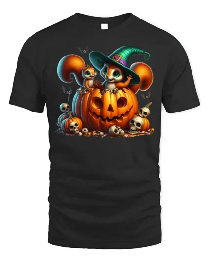 Halloween Squirrel Pumpkin Witch Hat T-Shirt - black t-shirt on white background