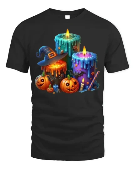 Halloween Candle Pumpkin Witch Hat T-Shirt - black t-shirt on white background